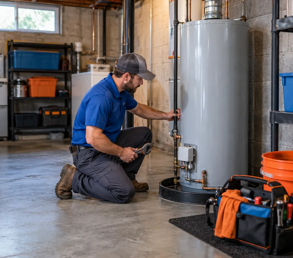 Plumber inspecting a tank-style water heater in a basement