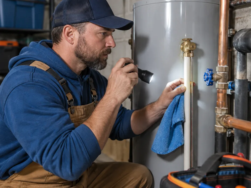 Technician checking a water heater relief valve, discharge pipe and shutoff valves