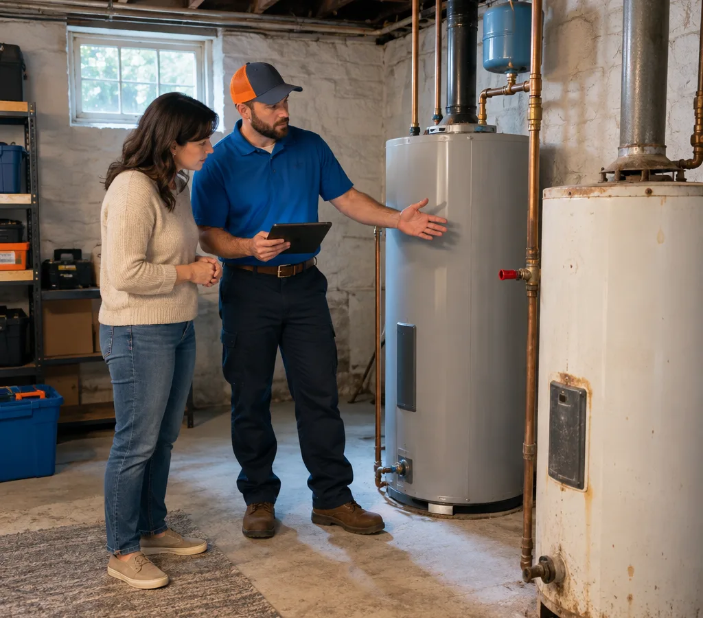 Technician discussing new water heater options beside an old tank in a basement utility room
