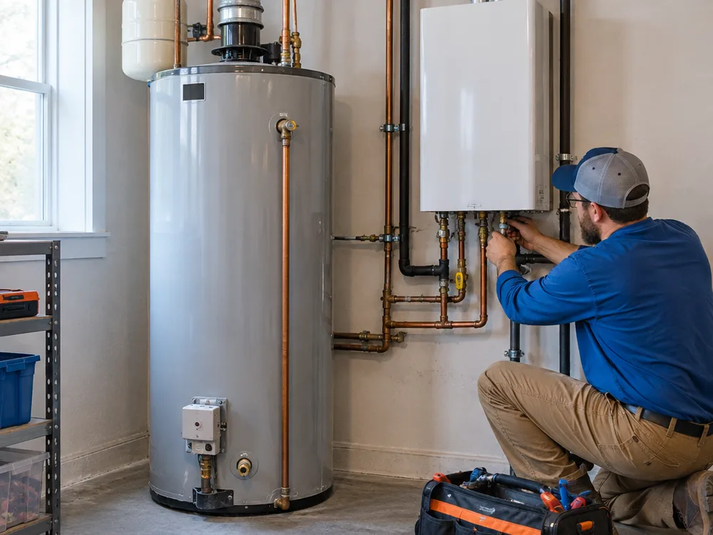 Standard tank water heater beside a wall-mounted tankless unit