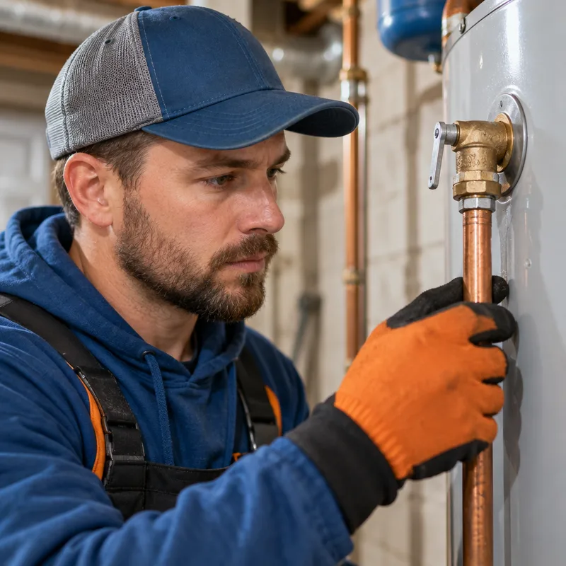 Close-up of a water heater temperature and pressure relief valve and discharge line