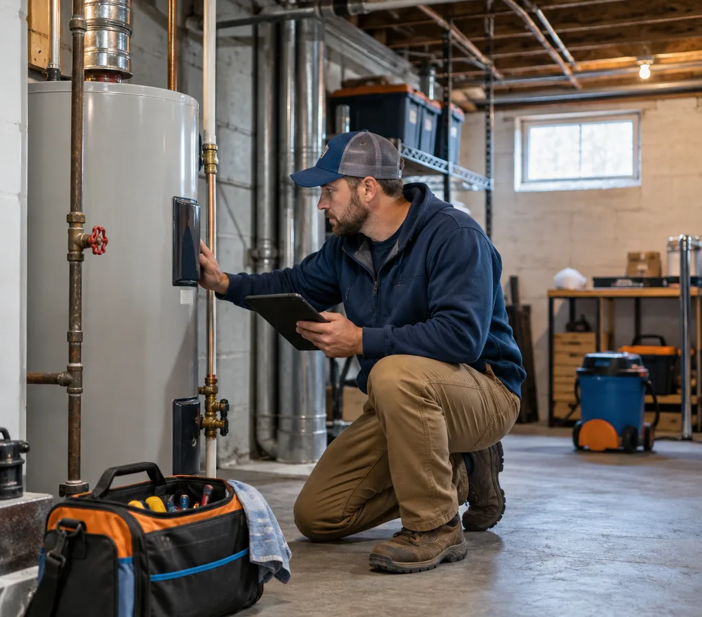 Technician inspecting a residential water heater, shutoff valve and venting in a basement