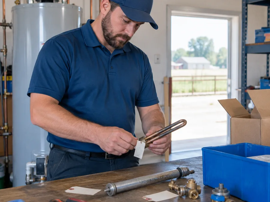 Plumbing team member preparing and labeling water heater parts before an install